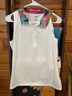 Tommy Bahama White Sleeveless Zip Polo with Pink Tropical Collar